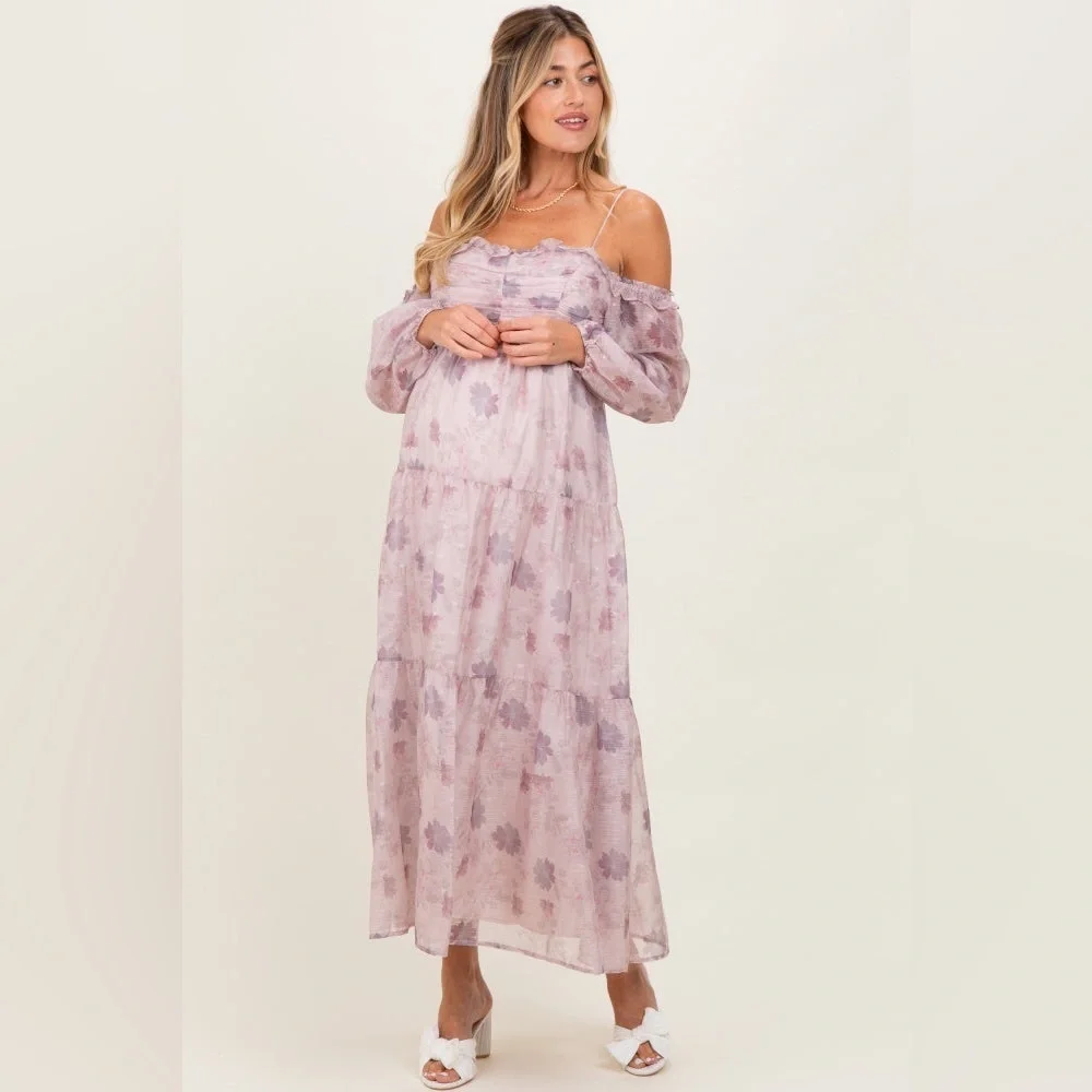 Storia Light Pink Floral Off Shoulder Long Sleeve Tiered Maxi Dress Medium girly - Picture 3 of 14